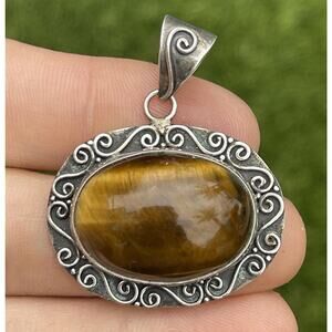 Vintage Sterling Silver Necklace 925 Pendant Tigers Eye Brown Stone